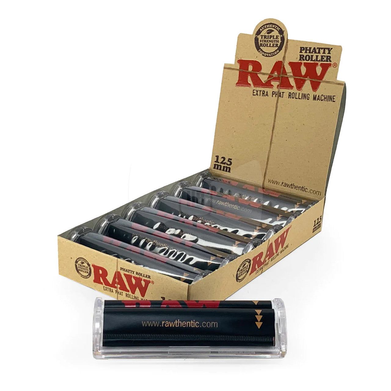 Front view of the RAW 125mm Phatty Rollers 6-count retail display box in natural brown. This clear-framed rolling tool features a high-tensile vinyl apron designed to seamlessly shape oversized broad-leaf wraps and king-size papers.