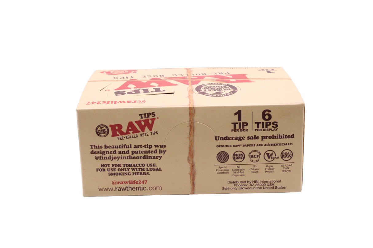 rear view of the RAW pre-rolled rose tips display box in natural kraft brown with red branding. This convenient retail-ready packaging provides an eye-catching point of purchase solution for premium unbleached filters.