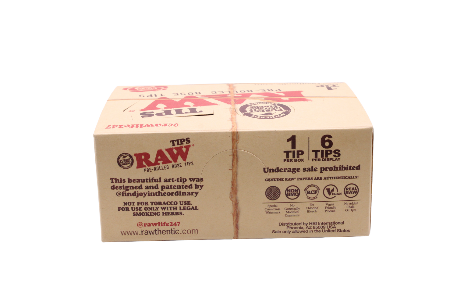 rear view of the RAW pre-rolled rose tips display box in natural kraft brown with red branding. This convenient retail-ready packaging provides an eye-catching point of purchase solution for premium unbleached filters.