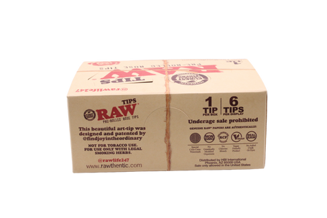 rear view of the RAW pre-rolled rose tips display box in natural kraft brown with red branding. This convenient retail-ready packaging provides an eye-catching point of purchase solution for premium unbleached filters.