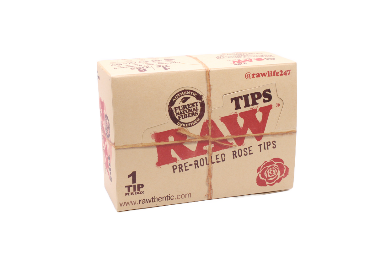 Front view of the RAW pre-rolled rose tips display box in natural kraft brown with red branding. This convenient retail-ready packaging provides an eye-catching point of purchase solution for premium unbleached filters.