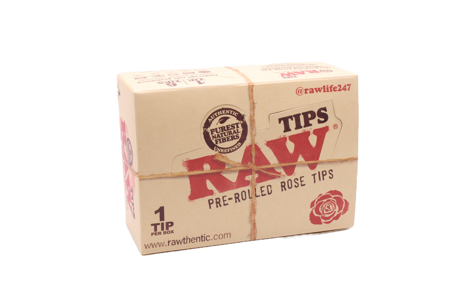Front view of the RAW pre-rolled rose tips display box in natural kraft brown with red branding. This convenient retail-ready packaging provides an eye-catching point of purchase solution for premium unbleached filters.