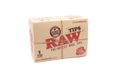 Front view of the RAW pre-rolled rose tips display box in natural kraft brown with red branding. This convenient retail-ready packaging provides an eye-catching point of purchase solution for premium unbleached filters.