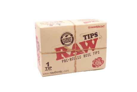 Front view of the RAW pre-rolled rose tips display box in natural kraft brown with red branding. This convenient retail-ready packaging provides an eye-catching point of purchase solution for premium unbleached filters.