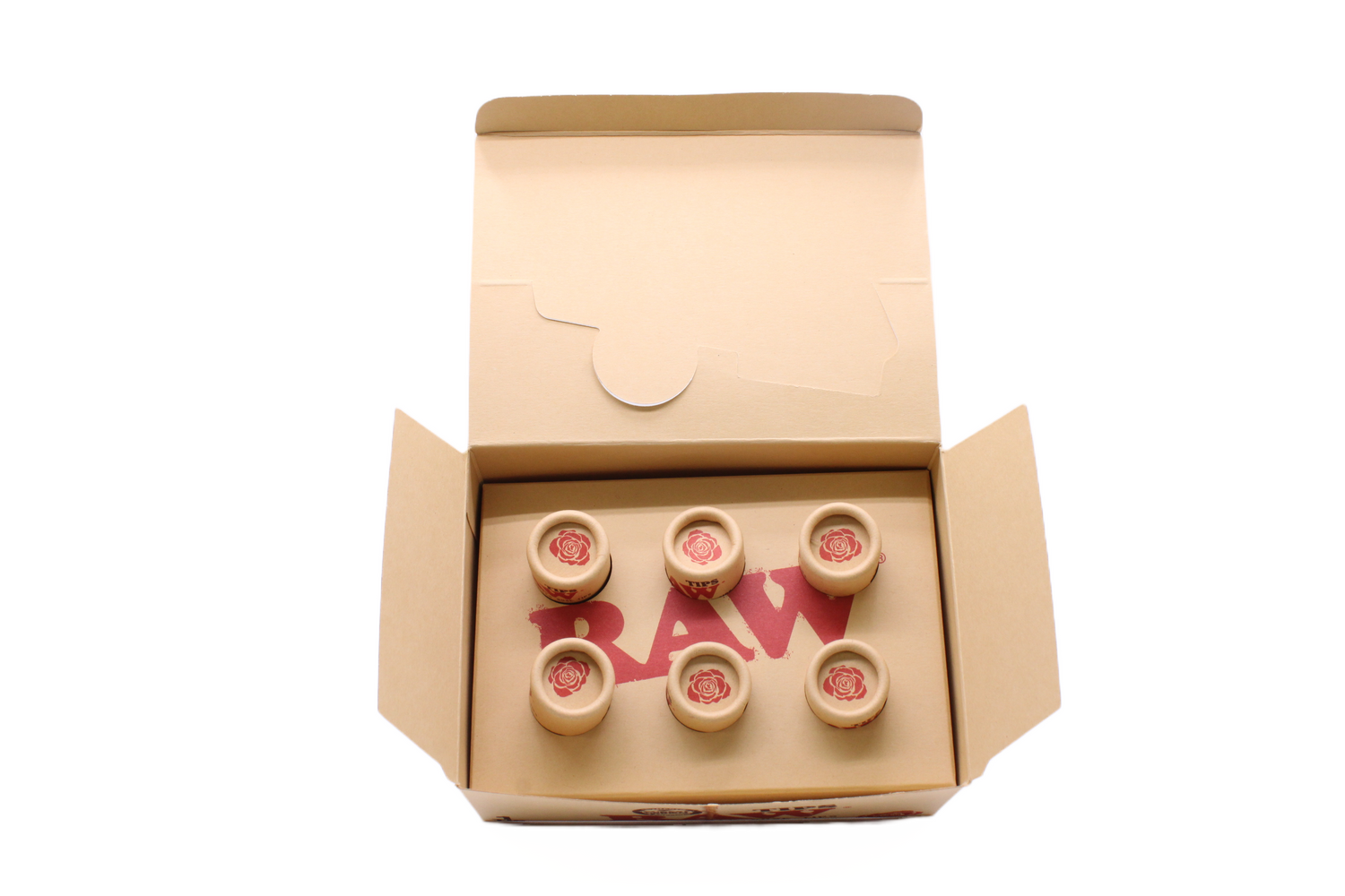Angled overhead view of the open RAW pre-rolled rose tips box in kraft brown. These ready-to-use pre-rolled filters save consumers time while providing a rigid, structurally sound mouthpiece for custom rolls.