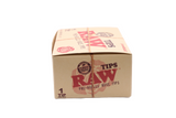 Side view of the RAW pre-rolled rose tips display box in natural kraft brown with red branding. This convenient retail-ready packaging provides an eye-catching point of purchase solution for premium unbleached filters.