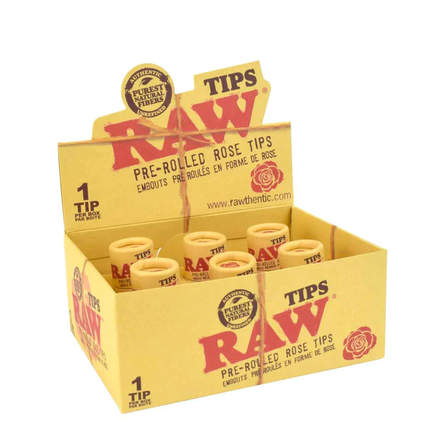 Angled overhead view of the RAW Pre-Rolled Rose Tips 6-pack retail display box in natural brown. This convenient countertop dispenser houses six individually packaged, handcrafted tips designed to add style and filter debris from your rolls.