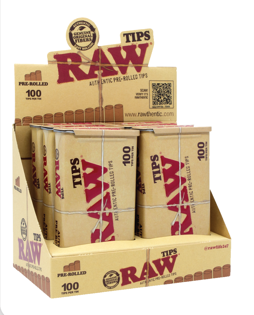 Front angled view of the RAW Pre-Rolled Tips Tin 6-pack display box in natural kraft brown packaging with red and black branding. This retail-ready counter carton neatly showcases these premium, reusable metal tins to boost point-of-sale impulse buys.