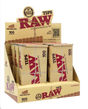 Front angled view of the RAW Pre-Rolled Tips Tin 6-pack display box in natural kraft brown packaging with red and black branding. This retail-ready counter carton neatly showcases these premium, reusable metal tins to boost point-of-sale impulse buys.