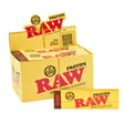 Angled overhead view of the RAW Pro Tips 24-count display box open in natural brown and red. Revealing the opened master carton, this view showcases twenty-four individual packs arranged neatly for easy browsing at the smoke shop checkout counter.