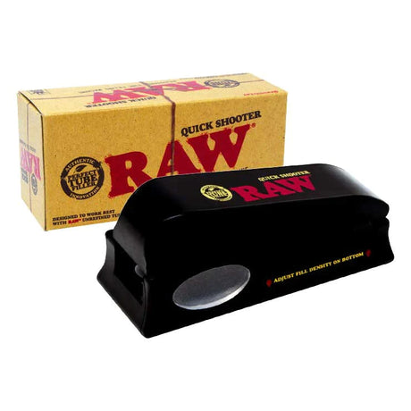 Front angled view of the RAW Quick Shooter King Size 110mm Cone Filler in signature smoke-tinted translucent brown plastic with a crisp red RAW logo. This funnel-style mechanical device fits a standard king-size cone underneath for mess-free, lightning-fast herb packing.