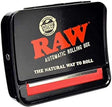 Front view of the RAW 79mm Automatic Roll Box featuring its classic brown and red branded metal casing. This durable stainless steel automatic rolling machine makes it effortless to roll perfect 1 1/4 and 1 1/2 size papers every time.