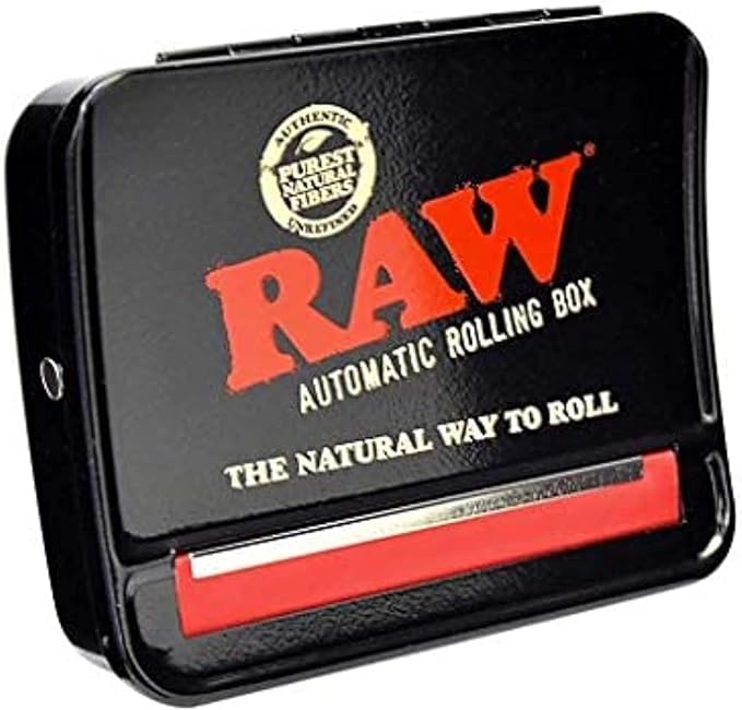 Front view of the RAW 79mm Automatic Roll Box featuring its classic brown and red branded metal casing. This durable stainless steel automatic rolling machine makes it effortless to roll perfect 1 1/4 and 1 1/2 size papers every time.