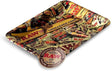 Front view of the RAW rolling tray mix product mini showcasing assorted colorful designs like Classic, Black, and special editions. This durable metal tray features perfectly curved edges to prevent spills and keep your dry herbs contained while rolling.