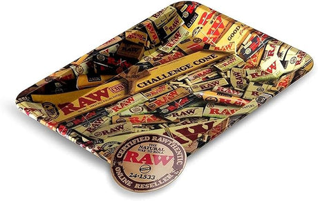 Front view of the RAW rolling tray mix product mini showcasing assorted colorful designs like Classic, Black, and special editions. This durable metal tray features perfectly curved edges to prevent spills and keep your dry herbs contained while rolling.