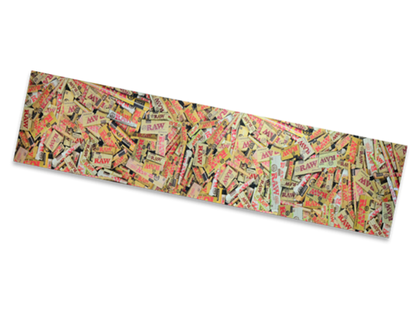 Front view of the RAW Skateboard Grip Tape in assorted styles, including classic and repeating logo patterns. This 11" x 48" high-traction deck wrap features a coarse silicon carbide surface to keep skate shoes securely planted during maneuvers.