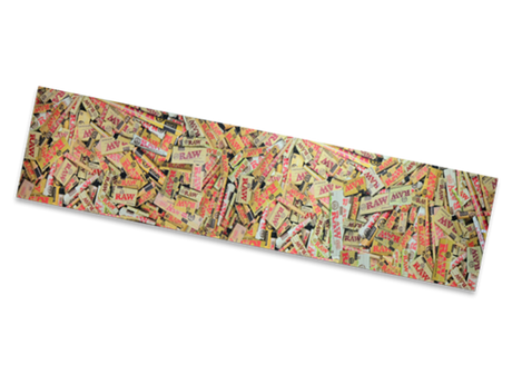 Front view of the RAW Skateboard Grip Tape in assorted styles, including classic and repeating logo patterns. This 11" x 48" high-traction deck wrap features a coarse silicon carbide surface to keep skate shoes securely planted during maneuvers.
