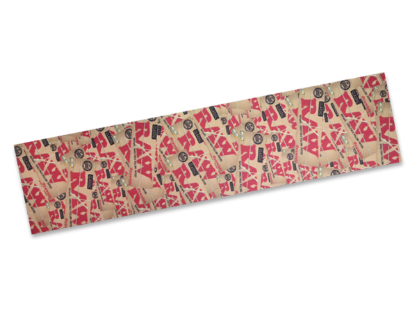 Front view of the RAW Skateboard Grip Tape in the Original brown and red logo style. This 11" x 48" high-traction deck wrap features a coarse silicon carbide surface to keep skate shoes securely planted during maneuvers.