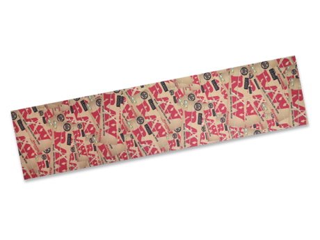 Front view of the RAW Skateboard Grip Tape in the Original brown and red logo style. This 11" x 48" high-traction deck wrap features a coarse silicon carbide surface to keep skate shoes securely planted during maneuvers.