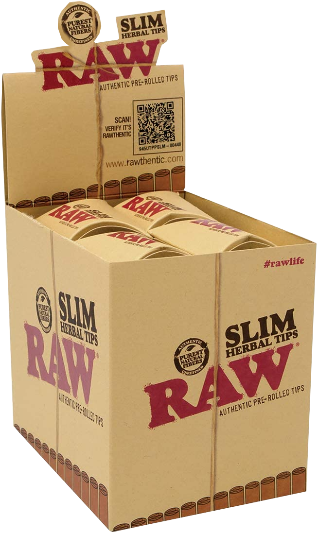 Front angled view of the RAW Slim Herbal Tips 20-pack display box in natural kraft brown packaging with green and red branding. This retail-ready counter display provides smoke shops with an attractive presentation for eco-friendly, pre-rolled filter tips.