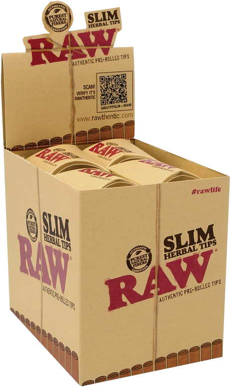 Front angled view of the RAW Slim Herbal Tips 20-pack display box in natural kraft brown packaging with green and red branding. This retail-ready counter display provides smoke shops with an attractive presentation for eco-friendly, pre-rolled filter tips.