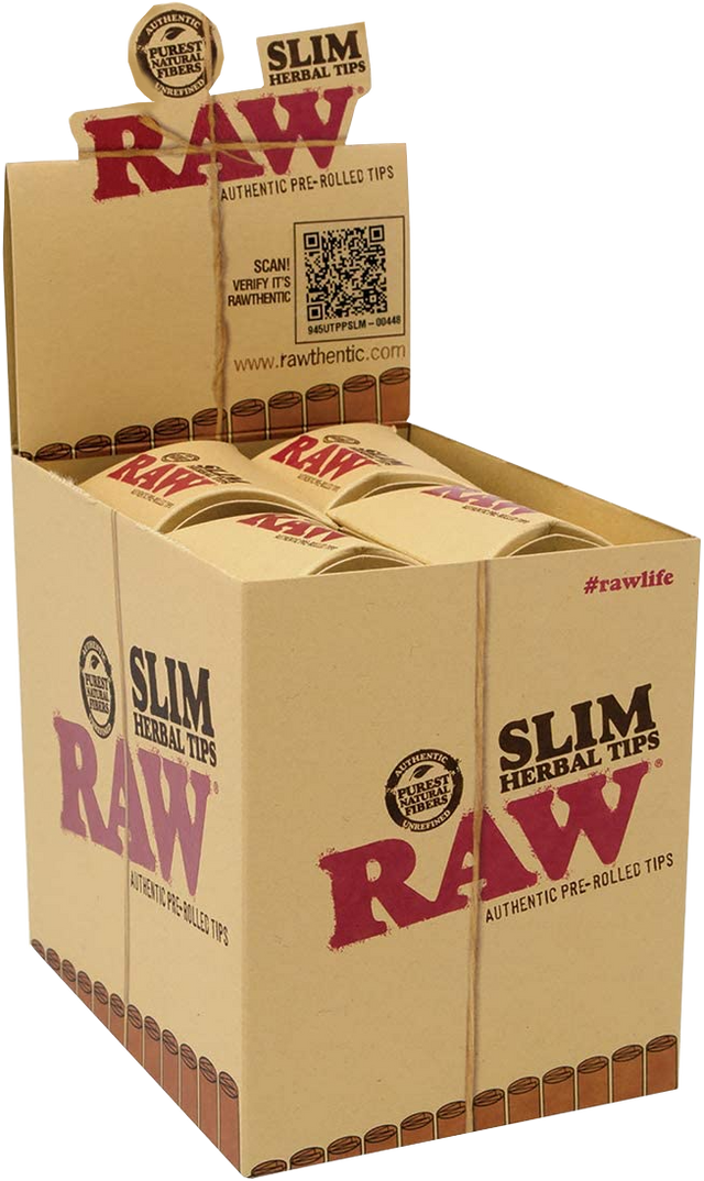 Front angled view of the RAW Slim Herbal Tips 20-pack display box in natural kraft brown packaging with green and red branding. This retail-ready counter display provides smoke shops with an attractive presentation for eco-friendly, pre-rolled filter tips.