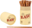 Front angled view of the RAW Small Wooden Pokers 50-count retail display tub in clear packaging with red branding containing natural light brown wood pokers. This convenient countertop display provides smoke shops with an easy way to sell these essential, anti-static tamping tools.