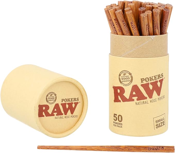 Front angled view of the RAW Small Wooden Pokers 50-count retail display tub in clear packaging with red branding containing natural light brown wood pokers. This convenient countertop display provides smoke shops with an easy way to sell these essential, anti-static tamping tools.