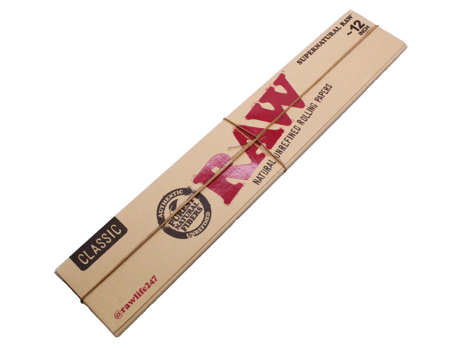 Angled overhead view of the open RAW Supernatural 12-inch rolling papers booklet showing the brown and red packaging. Crafted from natural unrefined plant fibers, they feature a proprietary criss-cross watermark to ensure a slow, even burn.