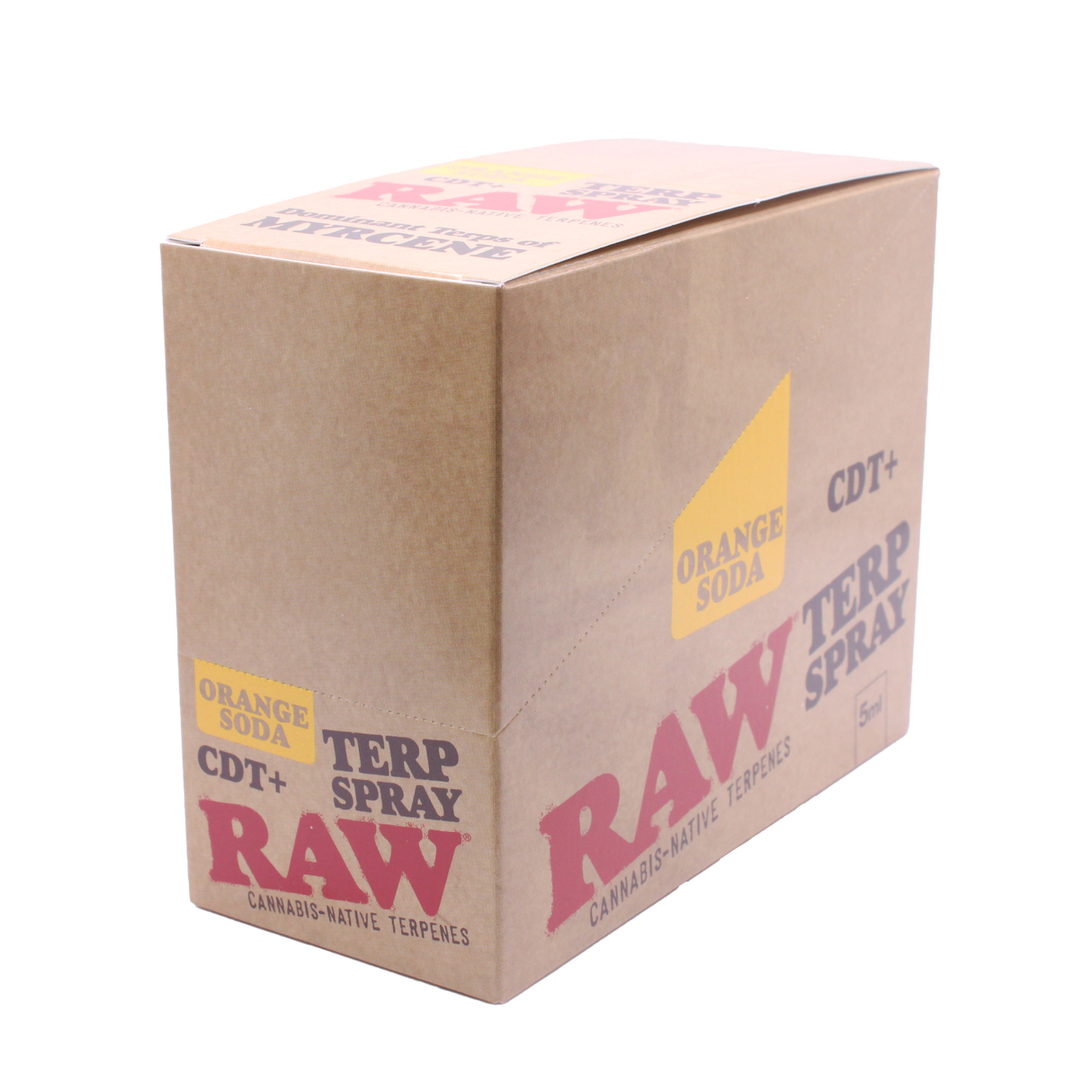 Front view of the RAW Terpene Spray 8-count display box in Orange Soda featuring bright orange and natural kraft brown branding. These specialized 5mL liquid pumps put scent control directly into the user's hands.