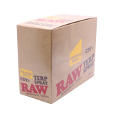 Front view of the RAW Terpene Spray 8-count display box in Orange Soda featuring bright orange and natural kraft brown branding. These specialized 5mL liquid pumps put scent control directly into the user's hands.