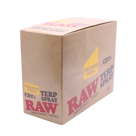 Front view of the RAW Terpene Spray 8-count display box in Orange Soda featuring bright orange and natural kraft brown branding. These specialized 5mL liquid pumps put scent control directly into the user's hands.