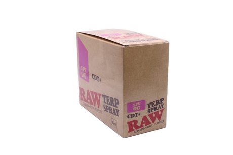 Front view of the RAW Terpene Spray 8-count display box in SFV OG featuring blue and natural kraft brown packaging. The 5mL fluid capacity ensures the bottle easily fits into any pocket or stash bag for on-the-go sessions.