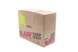 Front view of the RAW Terpene Spray 8-count display box in Sour Apple featuring green and kraft brown colors. Users simply apply a quick mist onto their preferred paper, cone, or raw flower to customize their session.