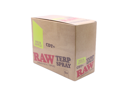 Front view of the RAW Terpene Spray 8-count display box in Sour Apple featuring green and kraft brown colors. Users simply apply a quick mist onto their preferred paper, cone, or raw flower to customize their session.