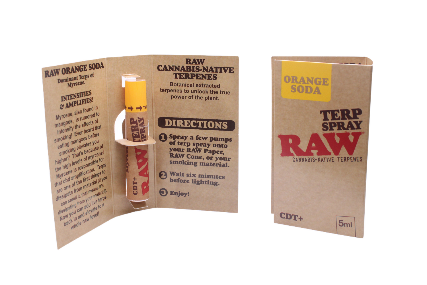 Angled overhead view of the open RAW Terpene Spray Orange Soda showing the individual 5mL bottles. Crafted using genuine terpene isolates to generate recognizable scents without harsh chemical additives.
