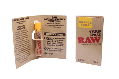 Angled overhead view of the open RAW Terpene Spray Orange Soda showing the individual 5mL bottles. Crafted using genuine terpene isolates to generate recognizable scents without harsh chemical additives.