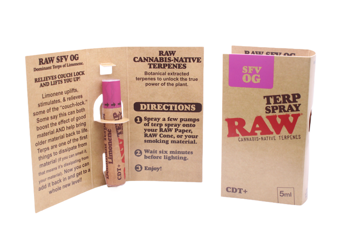 Angled overhead view of the open RAW Terpene Spray SFV OG showing the individual spray bottles ready for use. This spray allows consumers to manually decide the exact intensity of their experience by applying more or less fluid.