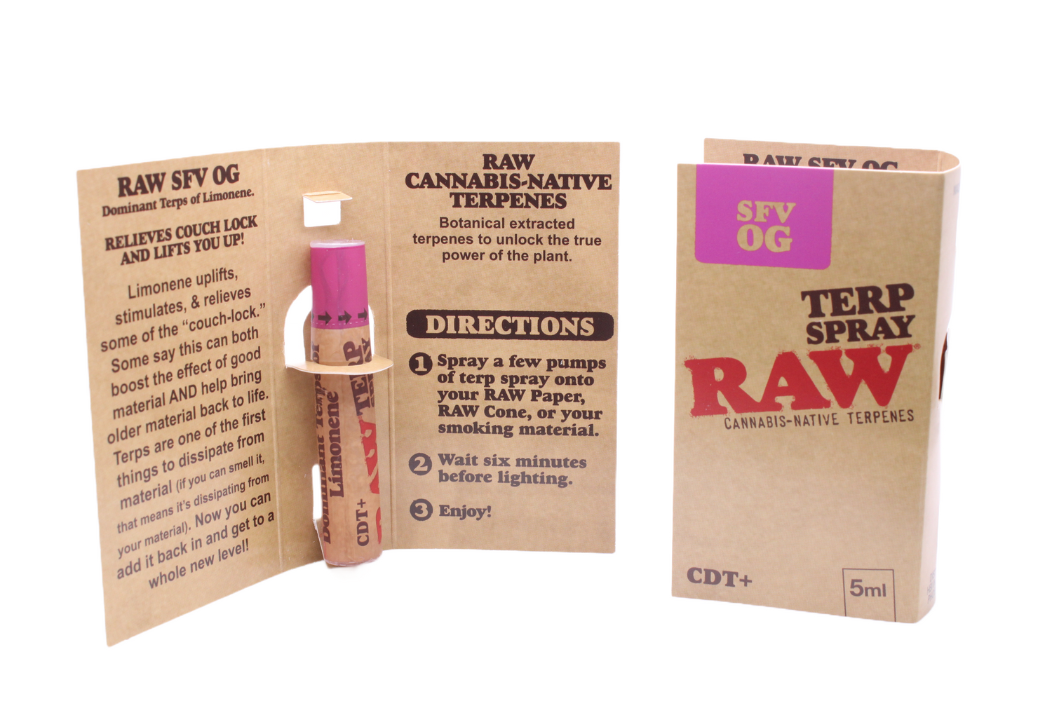 Angled overhead view of the open RAW Terpene Spray SFV OG showing the individual spray bottles ready for use. This spray allows consumers to manually decide the exact intensity of their experience by applying more or less fluid.