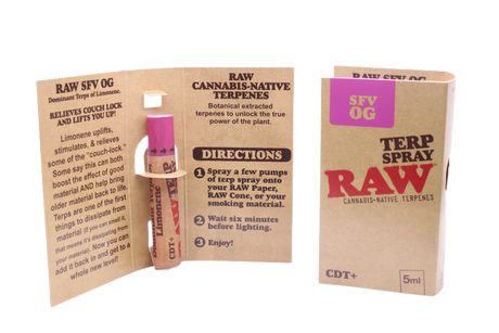 Angled overhead view of the open RAW Terpene Spray SFV OG showing the individual spray bottles ready for use. This spray allows consumers to manually decide the exact intensity of their experience by applying more or less fluid.