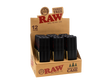 Front angled view of the RAW Three Tree Triple Cone Case 12-pack display box in black and red packaging. This retail-ready box holds twelve individual storage tubes designed to protect pre-rolled cones from getting crushed on the go.