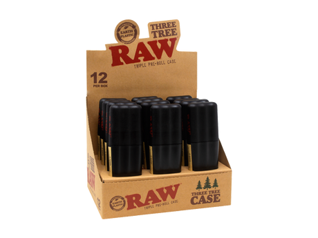 Front angled view of the RAW Three Tree Triple Cone Case 12-pack display box in black and red packaging. This retail-ready box holds twelve individual storage tubes designed to protect pre-rolled cones from getting crushed on the go.