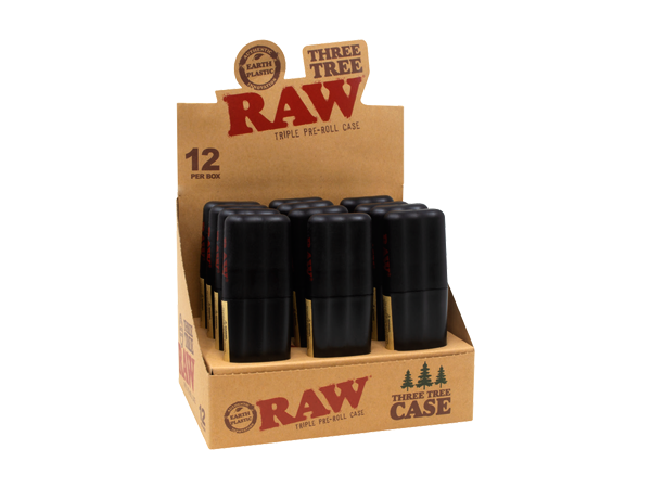 Front angled view of the RAW Three Tree Triple Cone Case 12-pack display box in black and red packaging. This retail-ready box holds twelve individual storage tubes designed to protect pre-rolled cones from getting crushed on the go.