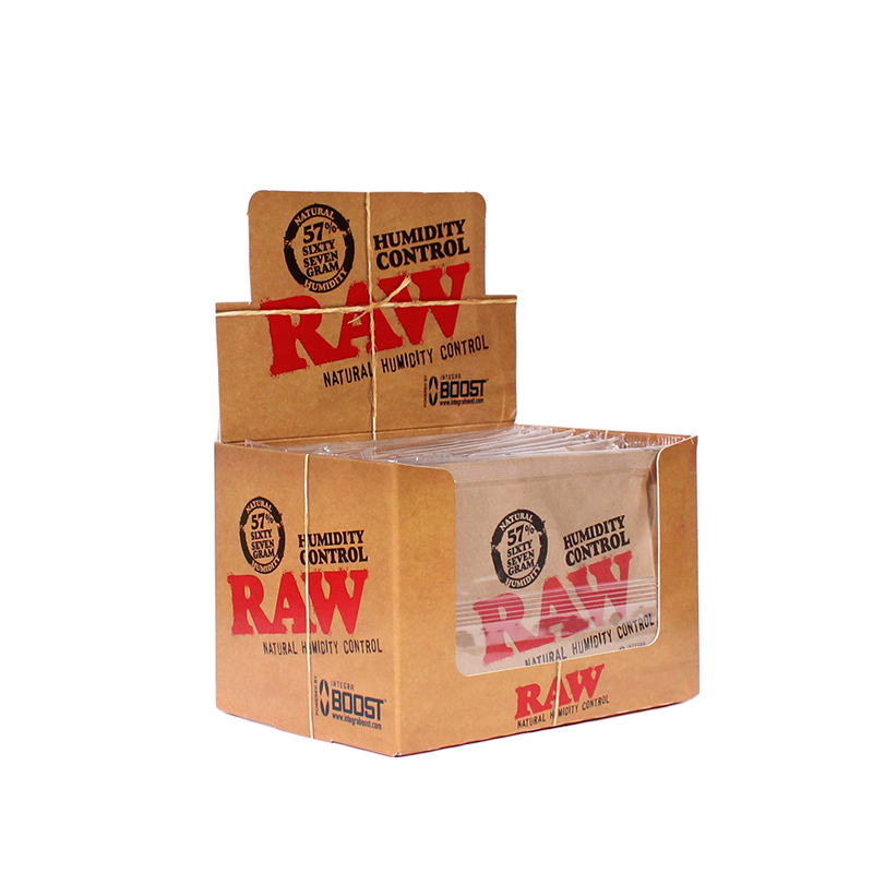 Front view of the RAW x Integra 67g Humidity Control 12-pack retail dispenser box in brown. These high-capacity, zero-salt regulation packs are engineered to actively add or remove moisture to protect bulk dry herbs.