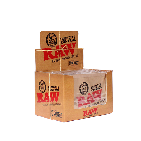 Front view of the RAW x Integra 67g Humidity Control 12-pack retail dispenser box in brown. These high-capacity, zero-salt regulation packs are engineered to actively add or remove moisture to protect bulk dry herbs.