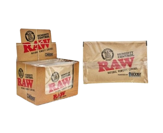 Top down view of a single RAW x Integra 67g Humidity Control pack in brown with pink branding. Each oversized packet features a zero-salt formula designed to maintain optimal climate levels for up to one full pound of material.