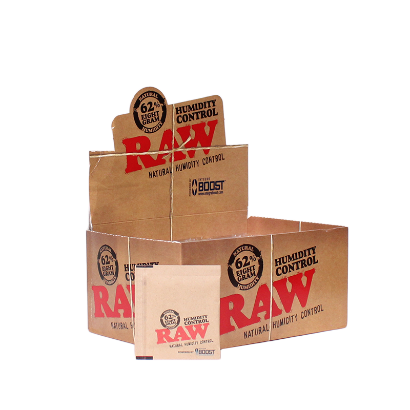 Front view of the RAW x Integra 8g Humidity Control packs in 62% RH. These zero-salt, two-way humidity regulation packs use a plant-based formula to preserve terpenes and prevent material from drying out.
