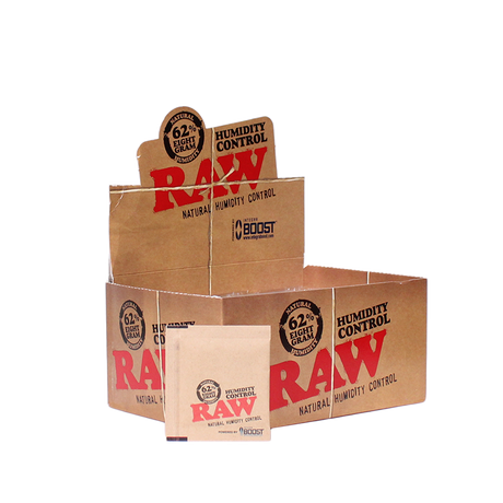Front view of the RAW x Integra 8g Humidity Control packs in 62% RH. These zero-salt, two-way humidity regulation packs use a plant-based formula to preserve terpenes and prevent material from drying out.