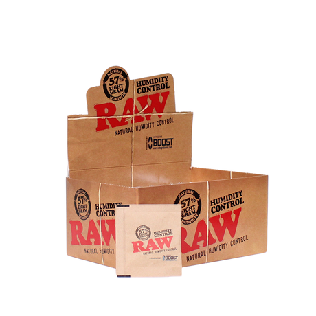Angled view of the RAW x Integra 8g Humidity Control 60-count retail display box. The fold-out cardboard carton serves as an instant countertop merchandiser for high-turnover single-packet sales of these 62% relative humidity packs.