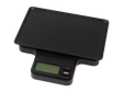 Angled front view of the RAW x My Weigh tray scale in its retail packaging. This multi-functional 1000g digital scale features a variable-sensitivity base explicitly contoured to hold the included metal mini rolling tray.